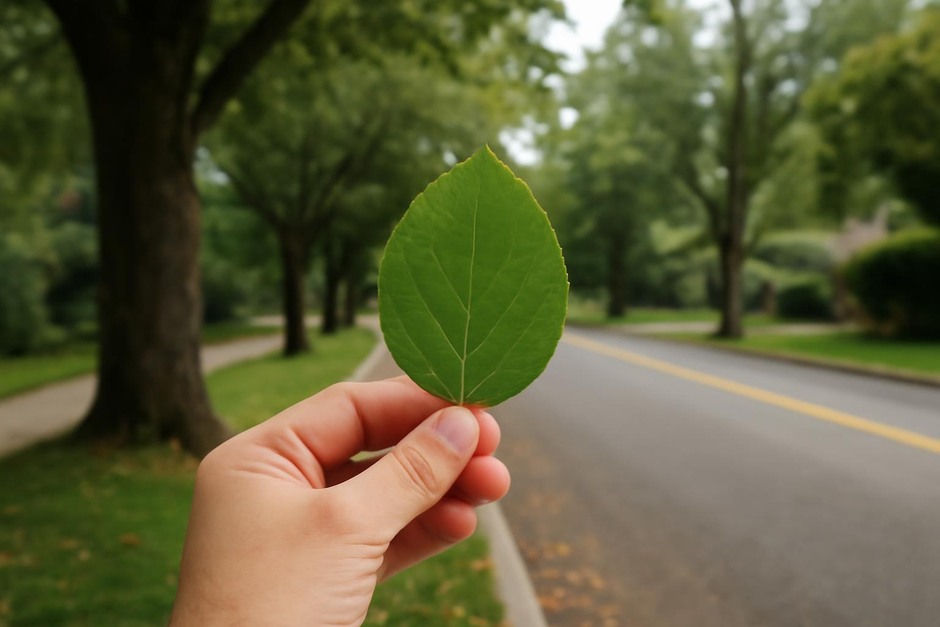 Hand holding a leaf while standing near a tree-lined street