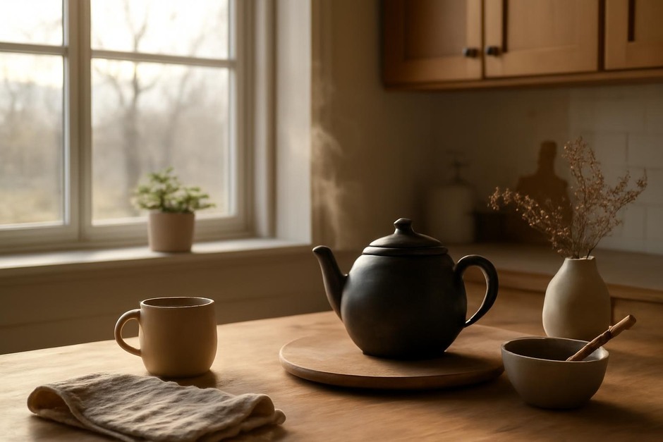 A cozy kitchen at dawn with soft light and a steaming teapot